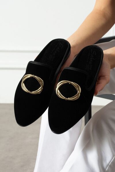 FUGA MODA Dorya Siyah Gold Tokalı Kadife Dokulu Elegant Nişan Çeyiz Bohça Misafir Ev Terliği