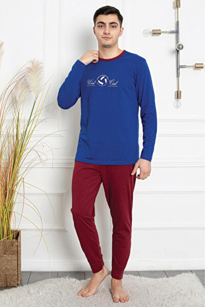 embody Pijamale bărbătești din bumbac, cu mâneci și pantaloni lungi, imprimeu West, albastru 610
