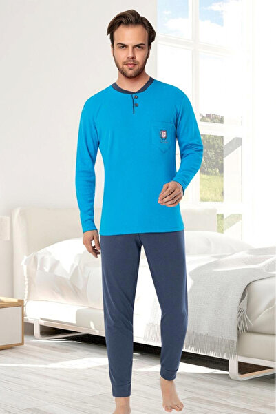 embody Men's interlock cotton pyjamas, long trousers sleeves, blue 8054