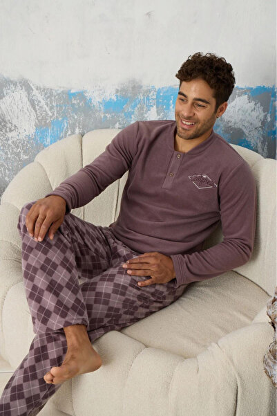 embody Men's cocolino pyjama with pockets, warm and fluffy, California, purple/grey 9608