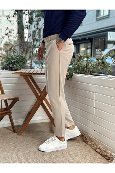 manch collection Kemer Detaylı İtalyan Kesim Kumaş Pantolon Krem