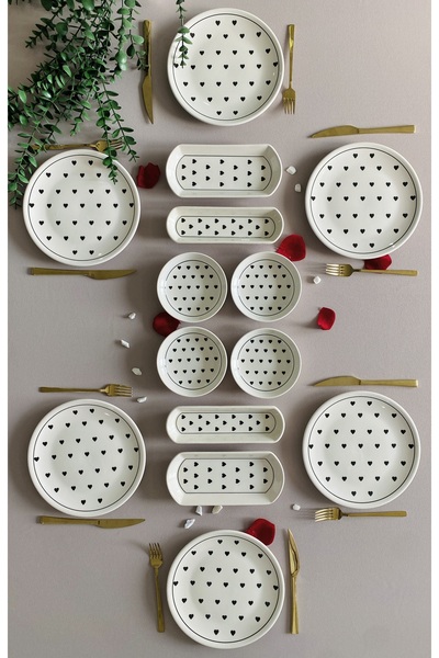 Genel Markalar Siyah Kalp Desen 6 Kişilik 14 Parça Kahvaltı Takımı