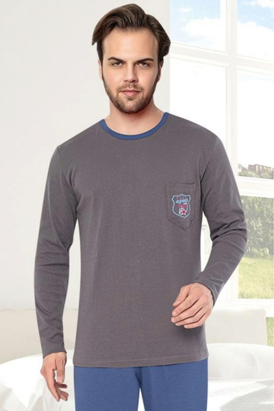 embody Men's interlock cotton pyjamas, long trousers sleeves, plain print, grey 8058