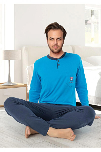 embody Men's interlock cotton pyjamas, long trousers sleeves, blue 8054