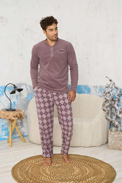 embody Men's cocolino pyjama with pockets, warm and fluffy, California, purple/grey 9608