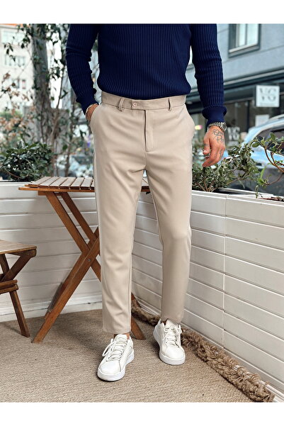 manch collection Kemer Detaylı İtalyan Kesim Kumaş Pantolon Krem