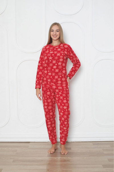 embody Lady's cocolino pyjamas, soft polar fleece, Christmas snowflake print, red 505