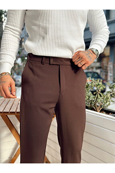manch collection Kemer Detaylı İtalyan Kesim Kumaş Pantolon kahverengi