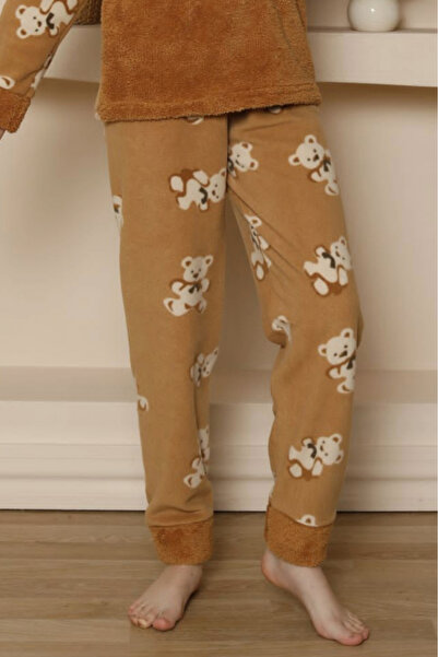 embody Cocolino girls' pyjamas, fluffy and warm, happy bear print, beige