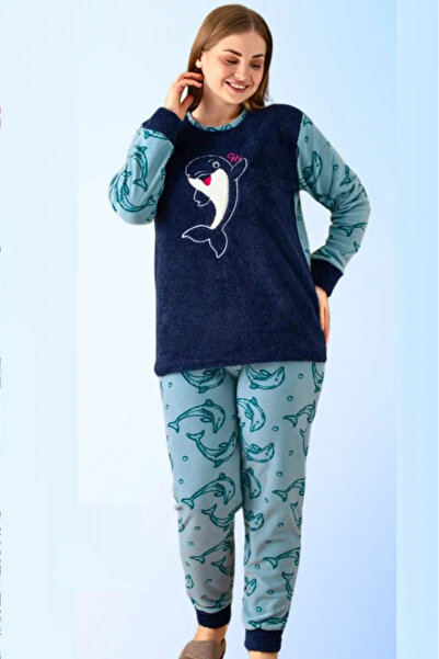 embody Pijamale de damă Cocolino, mărime mare, pufoase și călduroase, imprimeu cu delfini, albastru 60057