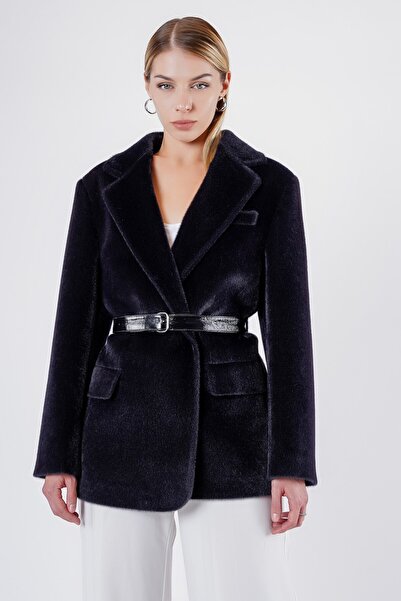 Leather Club Siyah Hakiki Deri Aksesuarlı Yün Kaban