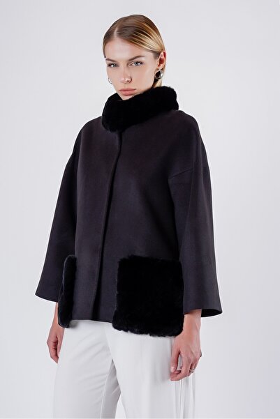 Leather Club Siyah Kürk Aksesuarlı Kaşmir Kaban