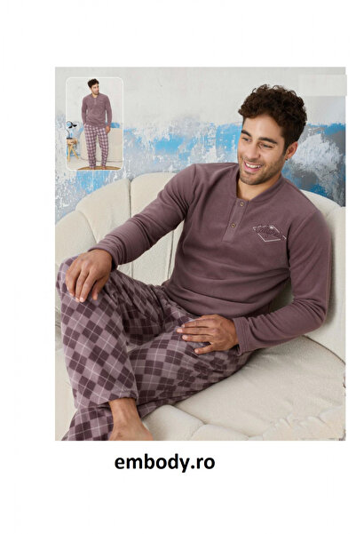 embody Men's cocolino pyjama with pockets, warm and fluffy, California, purple/grey 9608