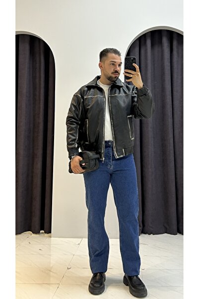 MERVENS Vintage Eskitme Bomber Deri Ceket