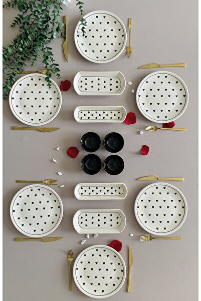 VENÜS HOME DECORATION Siyah Kalp Desen 6 Kişilik 14 Parça Sosluklu Kahvaltı T...