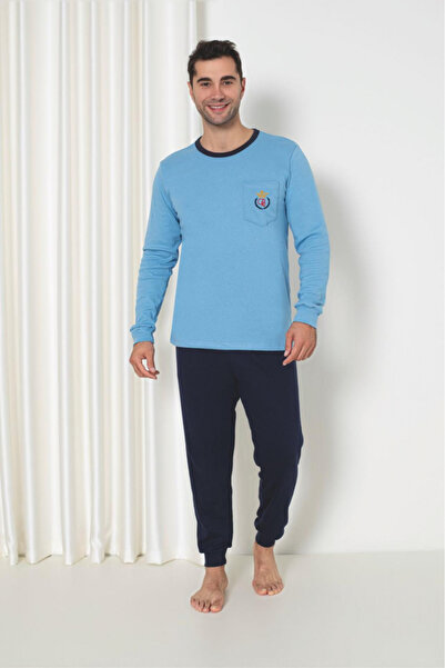 embody Men's pyjamas, thick cotton interlock, long sleeves and trousers, blue 401
