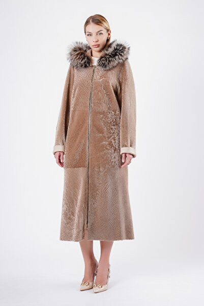 Leather Club Bej Çift Taraflı Fox Kürk Aksesuarlı Hakiki Kürk Kaban