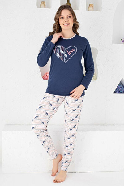 embody Pijamale de damă din bumbac, imprimeu Love, bleumarin 811
