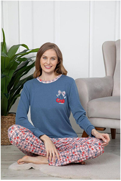 embody Ladies' pyjamas cotton interlock, cherry print, blue 2056