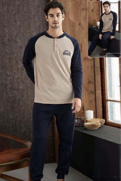 embody Men's thick cotton interlock pyjamas, long sleeves and trousers, black/beige brooklyn 8726