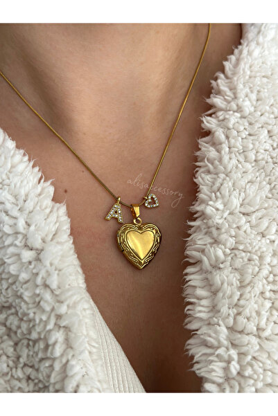 Alis Accessory Fotoğraflı harfli çelik kalp kolye