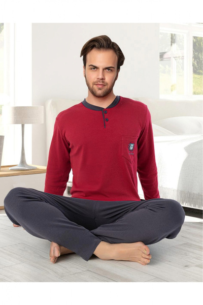 embody Men's interlock cotton pyjamas, long trousers sleeves, plain print, burgundy 8055