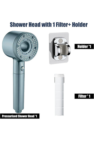 OEM 5-mode shower head with filter and stop, silver blue