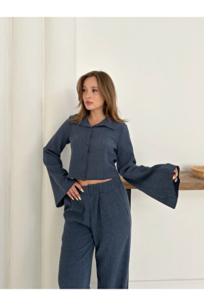 Zerenyus Shirt Collar Covered Button Suit Navy Blue