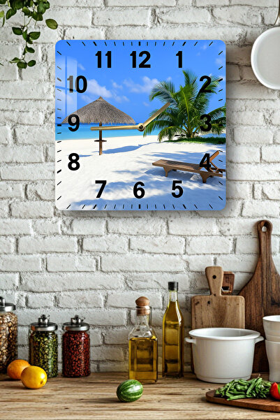 kutuTR Tropical Beach Themed Tempered Glass Square Clock 33X33 cm Size Uv Printing - Kcs105