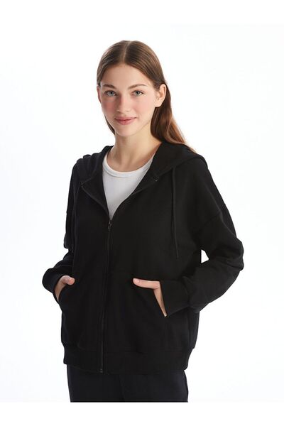 LC Waikiki Γυναικείο φούτερ με φερμουάρ LCW Vision Black με κουκούλα Plain ov...