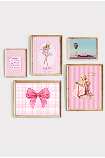 Kids Pembe Kız Çocuk Odası Balerin Temalı Çerçeveli Set - 5'li Duvar Dekoru