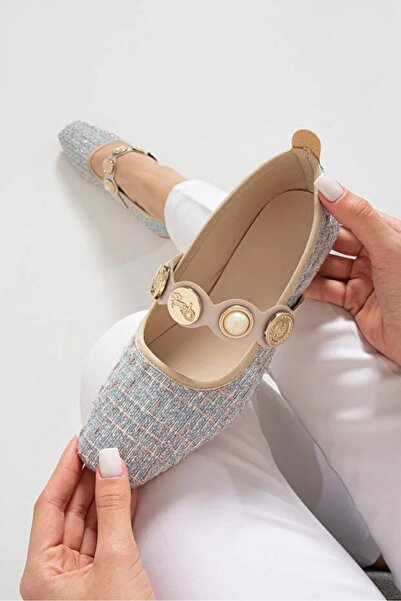 nuvora Women's Tweed Pearl Detailed Closed Back Low Heel Mary Jane Casual Ballet Flats