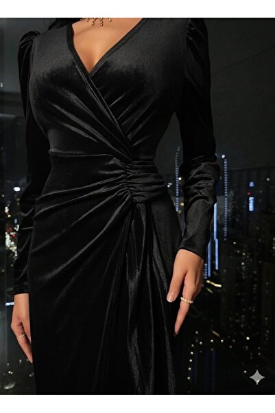 JANES Women's Long Sleeve Double Breasted Collar Side Gathered Midi Velvet Dress