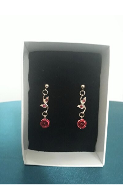 ER TAKI Taşlı Gold Renkli Zarif Kırmızı Gül Çiçekli Şık Parti Nişan Kına Düğün Abiye Küpe