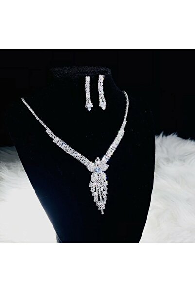 ER TAKI Stone-Encrusted Silver-Colored Floral Model Party Engagement Henna Wedding Evening Dress Necklace and Earring Jewelry Set
