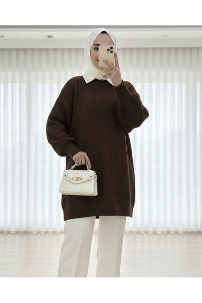 Modamorfo Crew Neck Diamond Pattern Knit Sweater - Dark Brown