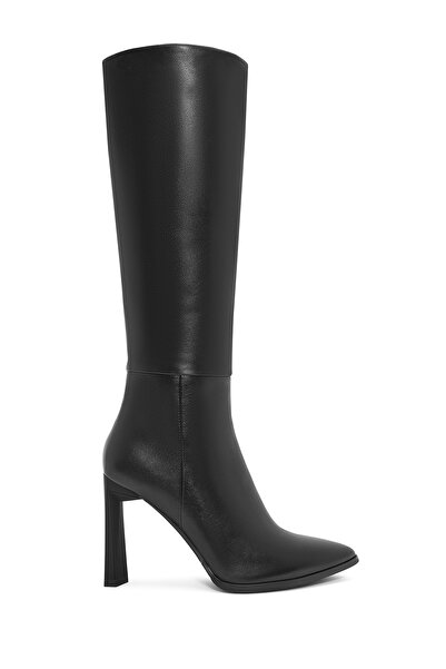 Derimod Women's Black Zippered Thin High-Heeled Leather Boots 25Wfd490218