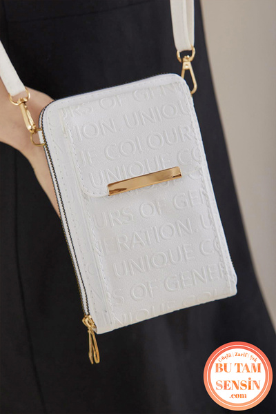 Bu Tam Sensin Beyaz Kabartma Yazılı Kadın Mıknatıs Kapaklı Telefon Bölmeli Çapraz Askılı Cüzdan Çanta