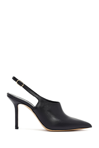 Derimod Women's Black Buckle Open Back High Thin Heeled Leather Shoes 25Afd121418