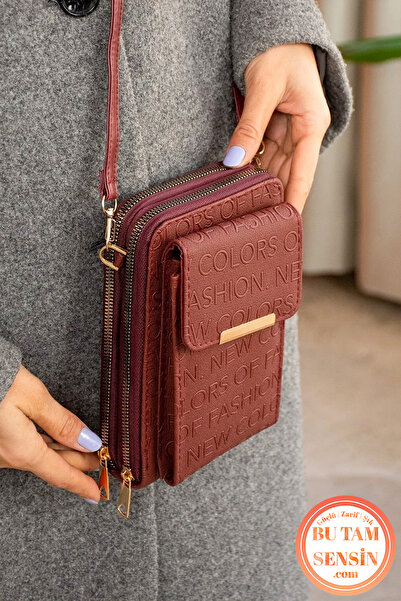 Bu Tam Sensin Bordo Kabartma Yazılı Kadın Mıknatıs Kapaklı Telefon Bölmeli Çapraz Askılı Cüzdan Çanta