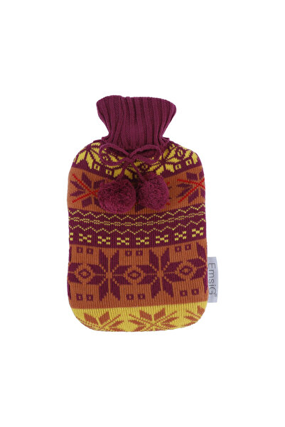 Generic Hot water bottle with a knitted fabric cover. The cover features a warm, woven winter fabric pattern.