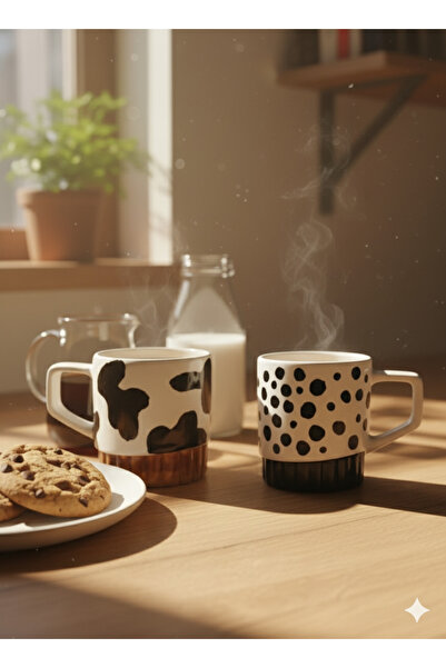 SeraCEY Set of 2 Handmade Ceramic Mugs with Speckle and Dalmatian Detail