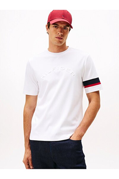 Tommy Hilfiger Men's Regular Fit Logo Embossed Pattern Interlock Knit Fabric Short Sleeve White T-Shirt Mw0Mw40018-Ybr