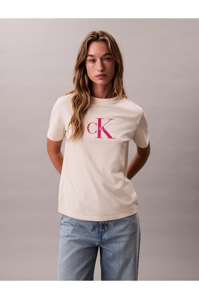 Calvin Klein Kadın Normal Kalıp Yuvarlak Yakalı %100 Pamuk CK Logo Baskılı Kı...