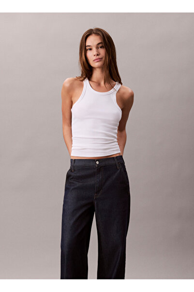 Calvin Klein Yüksek Bel Geniş Paça Geniş Fit Koyu Mavi Kadın Denim Pantolon LV047D769G34A