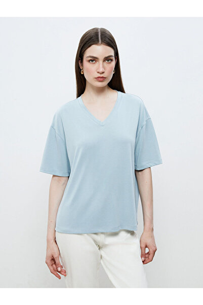 LC Waikiki Μπλε γυναικείο μπλουζάκι με λαιμόκοψη V και μείγμα υφασμάτων Modal