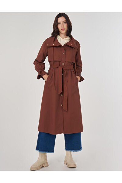 KYR Bilek Detaylı Uzun Trençkot Kahve