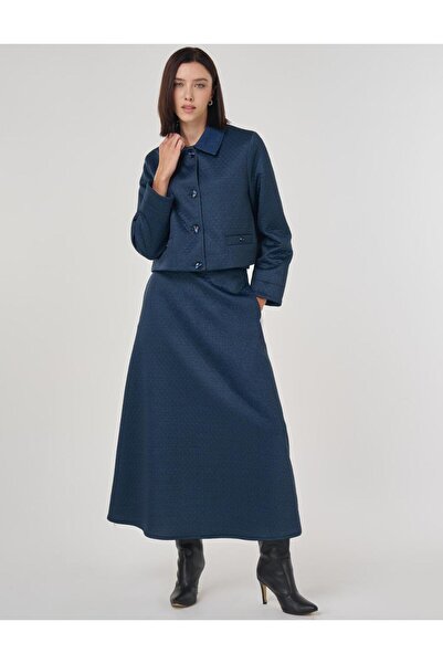 Kayra Embossed Pattern Skirt Suit Dark Navy Blue
