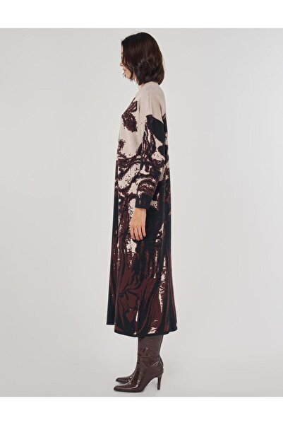 Kayra Abstract Pattern Viscose Knitwear Dress Dark Brown