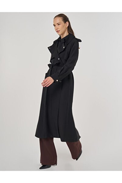 Kayra Kuşaklı Uzun Trençkot Siyah